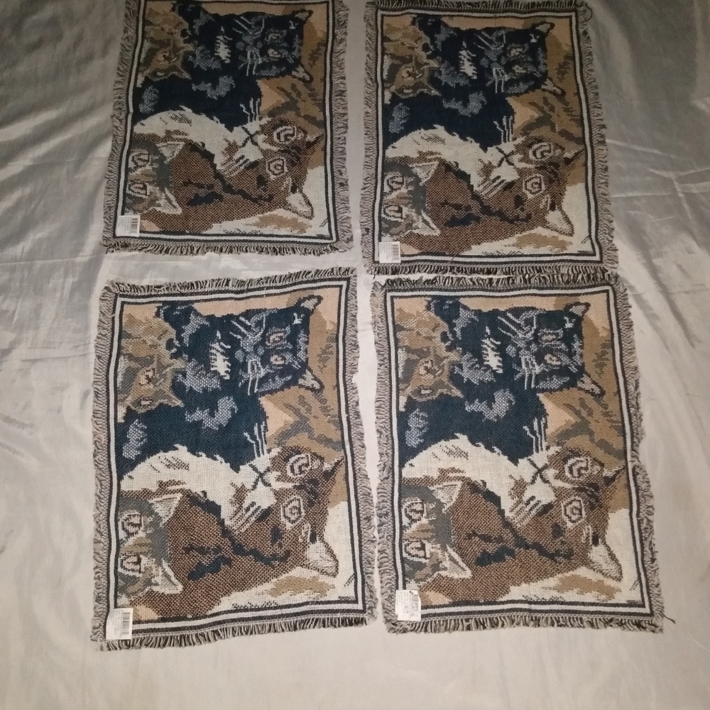 4 cat theme New woven fabric beige fringed cotton placemats 13 x 19 - Picture 2 of 5